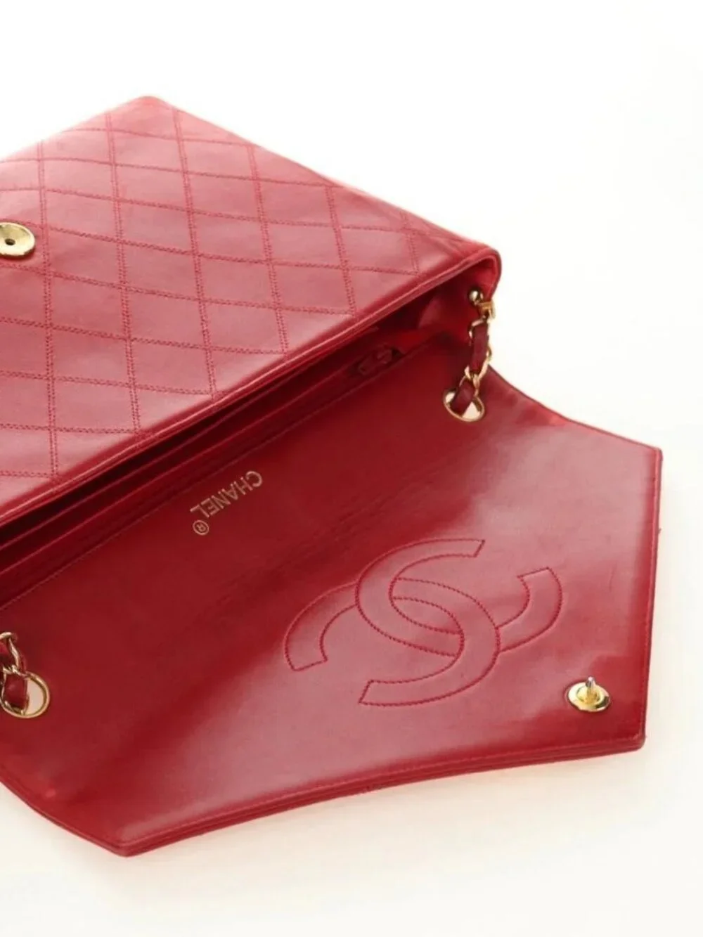 CHANEL Bicolore Chain Shoulder Bag Lamb Skin Red Gold CC Auth BA13416V